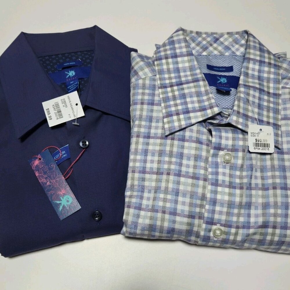 TWO Egara Mens Medium Shirts Button-Up Long Sleeve Non-Iron Blue & Plaid